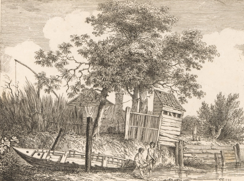 Landscape with bathing figures by a boat, Etchings by E. Edwards, print, album page, Series number, 24, 51, Numbered: 24. Print is part of an album., printmaker: Edward Edwards, 1786, 1790, paper, etching, pasted on album page, height 167 mm x width 224 mm, Print is part of a series of 51 prints, consisting of two parts with landscapes (36 prints) and figures and portraits (15 prints), first published in London in 1790., farm (building), taking a bath - AA - in the open air, landscapes (landscape with figures, staffage), A detailed ink drawing shows a riverside scene with a small upturned boat on the shore near reeds and wooden posts, a fenced gate and a leaning wooden structure behind it, and large trees with dense foliage filling the upper area. In the foreground two partially clothed figures stand at the water's edge beside the boat, one seated on the hull and the other standing, both holding garments. Behind them are clustered huts or sheds with draped cloth, a chimney, and a pathw...