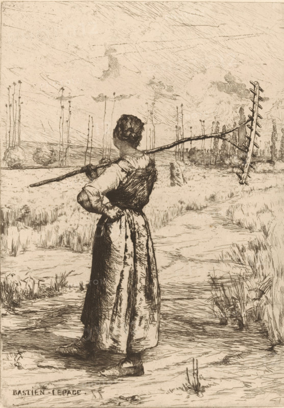 Retour des champs, Woman riding the fields, print, watermark, printmaker: Jules Bastien-Lepage, France, 1858 - 1884, paper, etching, drypoint, intaglio printmaking technique, height 276 mm x width 196 mm, farmers - AA - female farmer, farmer's wife, agricultural implements: rake, raking, A sepia-toned etching shows a woman standing with her back to the viewer in a rural landscape; she wears a long dress with a fitted bodice and rolled sleeves, her hair is gathered at the nape, and one hand rests on her hip while the other holds a long pole that extends across her shoulders toward the right, where a forked implement with protruding teeth is attached. She stands on a path bordered by tall grasses and marshy ground, with scattered low mounds and distant slender tree trunks rising against a sky marked by fine, hatched cloud and wind lines, and tufts of foliage dot the horizon.
