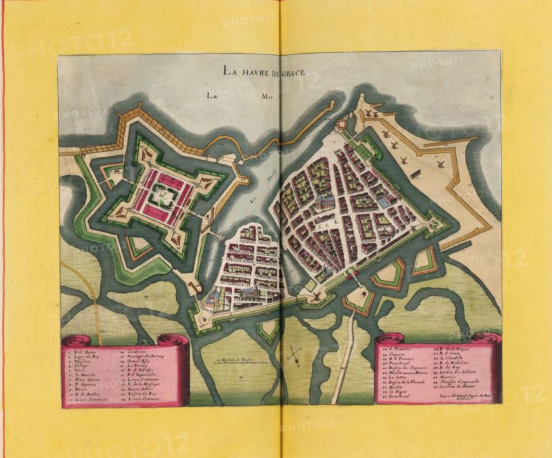 Le Havre de Grace, Map of Le Havre, area plan, print, album page, This print is part of an album., after drawing by Jacques Gomboust, publisher: Caspar Merian, Frankfurt am Main, colorer (graphic design artist): Anna Beeck, The Hague, 1657, printmaker, colorer (graphic design artist), Hessen, paper, engraving, etching, hand coloring, etching and engraving, hand colored, cut inside the plate edge and mounted in a hand-colored frame, height 231 mm x width 306 mm, height 532 mm x width 318 mm, A colored map fragment showing a fortified coastal town with star-shaped bastions, ramparts, and water channels, featuring densely packed buildings with varied roof colors clustered inside geometric defensive walls, green courtyards, and open squares; surrounding the town are shaded waterways and landforms with winding inlets and marshy textures, while along the edges are decorative scroll-like panels and a wide yellow border with a vertical fold line through the center of the image.