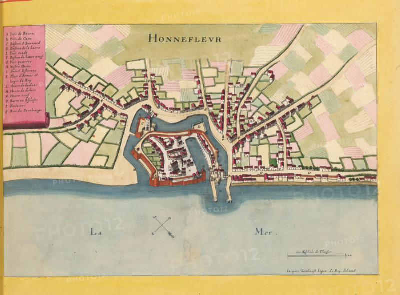 Honnefleur, Map of Honfleur, area plan, print, album page, This print is part of an album., after drawing by Jacques Gomboust, publisher: Caspar Merian, Frankfurt am Main, colorer (graphic design artist): Anna Beeck, The Hague, 1657, printmaker, colorer (graphic design artist), Hessen, paper, engraving, etching, hand coloring, etching and engraving, hand colored, cut inside the plate edge and pasted in a hand-colored frame, height 187 mm x width 285 mm, height 532 mm x width 318 mm, A colored map view showing a coastal town with an enclosed fortress area jutting into the water, surrounded by a water moat and connected to the mainland by a bridge, the fortress containing clustered buildings and wall structures with red roofs and beige walls, the mainland area showing streets lined with small rectangular houses with red roofs and beige walls, patchwork agricultural fields in pastel greens and pinks beyond the streets, a pale blue sea at the bottom, a yellow border framing the map, and a ...