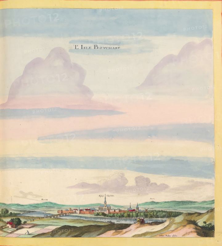 L'Isle Bouchart, View of L'Île-Bouchard, print, album page, This print is part of an album., after drawing by Jan Peeters (I), publisher: Caspar Merian, Frankfurt am Main, colorer (graphic design artist): Anna Beeck, The Hague, 1657, printmaker, colorer (graphic design artist), Hessen, paper, engraving, etching, hand coloring, etching and engraving, hand colored, cut inside the plate edge and pasted in a hand-colored frame, title cut out of the image and glued above it, surrounded by hand-painted sky and clouds, height 298 mm x width 302 mm, height 532 mm x width 320 mm, A wide landscape scene with a broad sky filled with pale blue and pink horizontal bands and soft lavender cloud shapes above a distant town on a riverbank, the town featuring clustered buildings, a prominent church with a tall steeple, and a bridge crossing the river; rolling green hills and fields occupy the foreground with small figures, cultivated plots, and scattered trees, and a small group of people seated on a s...