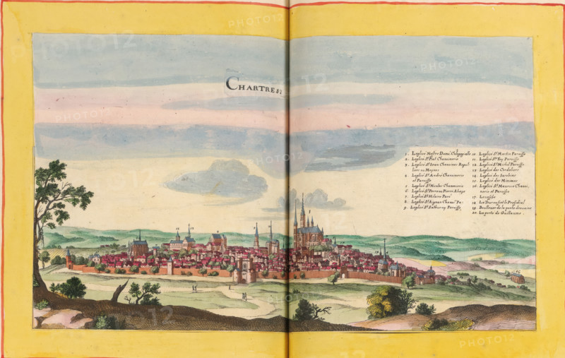 View of Chartres, Chartres, print, album page, This print is part of an album., publisher: Caspar Merian, Frankfurt am Main, colorer (graphic design artist): Anna Beeck, The Hague, 1657, printmaker, colorer (graphic design artist), Hessen, paper, engraving, etching, hand coloring, etching and engraving, hand-colored, cut within plate edge and pasted in a hand-colored frame, title cut out of image and glued above, sky and clouds hand-painted around it, height 178 mm x width 318 mm, height 532 mm x width 636 mm, A colored illustration of a walled town seen from a grassy foreground with scattered trees, shrubs, and rolling hills, featuring numerous clustered buildings with various roof shapes and church spires rising above the skyline; a large cathedral complex with tall towers stands near the center right, surrounded by smaller structures and defensive walls with a gate and towers; a broad sky with horizontal bands of pale blue and pink fills the upper portion, with a few stylized clouds...