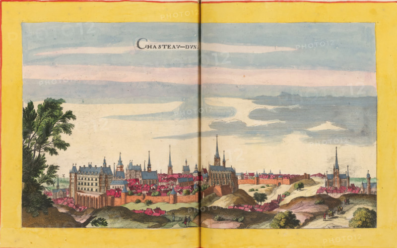 Chasteau-Dun, View of Châteaudun, print, album page, This print is part of an album., publisher: Caspar Merian, Frankfurt am Main, colorer (graphic design artist): Anna Beeck, The Hague, 1657, printmaker, colorer (graphic design artist), Hessen, paper, engraving, etching, hand coloring, etching and engraving, hand-colored, cut within the plate edge and pasted in a hand-colored frame, title cut out of the image and glued above, surrounding sky and clouds hand-painted, height 178 mm x width 318 mm, height 532 mm x width 320 mm, A wide panoramic scene framed by a yellow border shows a historic town with clustered buildings and multiple tall church spires rising above red-roofed houses, set against a sky of pale blue and soft pink layered clouds; a fortified wall runs along parts of the settlement, and several larger stone buildings with ornate roofs and towers stand near the center; rolling hills and grassy areas appear in the foreground with a few small groups of people walking on paths,...