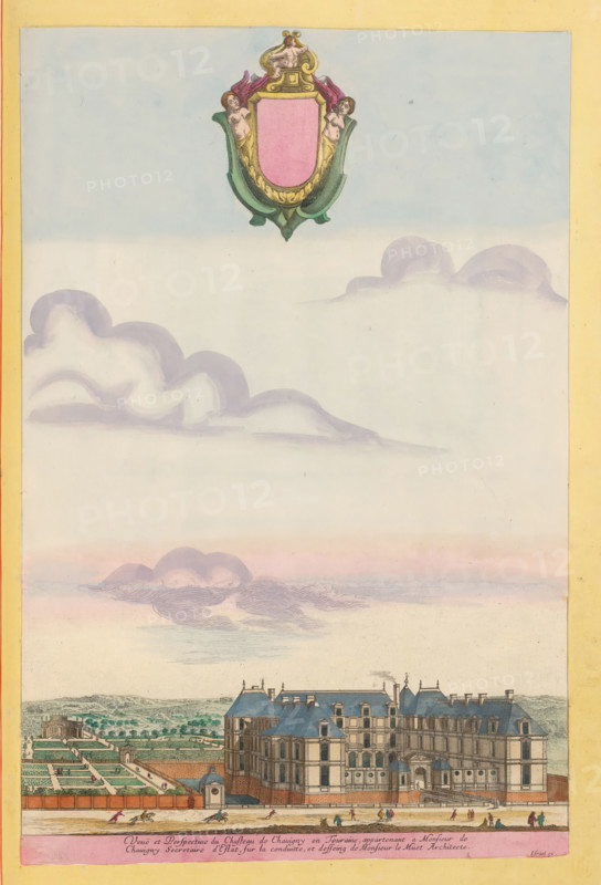 View of Chavigny Castle in Lerné, Veuë et perspetive du chasteau de Chavigny en Touraine, Livre contenant les vues et perspectives de la chapelle et maison de Sorbonne, ensemble de plusieurs autres belles maisons bâties en divers endroits du royaume, Views of various castles, print, album page, This print is part of an album., printmaker: Israël Silvestre, printmaker: Jean Marot (I), publisher: Israël Henriet, Paris, colorer (graphic design artist): Anna Beeck, The Hague, 1631 - 1679, colorer (graphic design artist), Israel Silvestre, paper, engraving, etching, hand coloring, etching and engraving, hand-colored, cut within the plate edge and pasted in a hand-colored frame, title cut out of the image and glued above, sky and clouds hand-painted around it, height 376 mm x width 251 mm, height 532 mm x width 320 mm, landscape with tower or castle, castle, Indre-et-Loire, A tall vertical image with a pale sky occupying most of the upper area, featuring soft pastel clouds in lavender and pi...