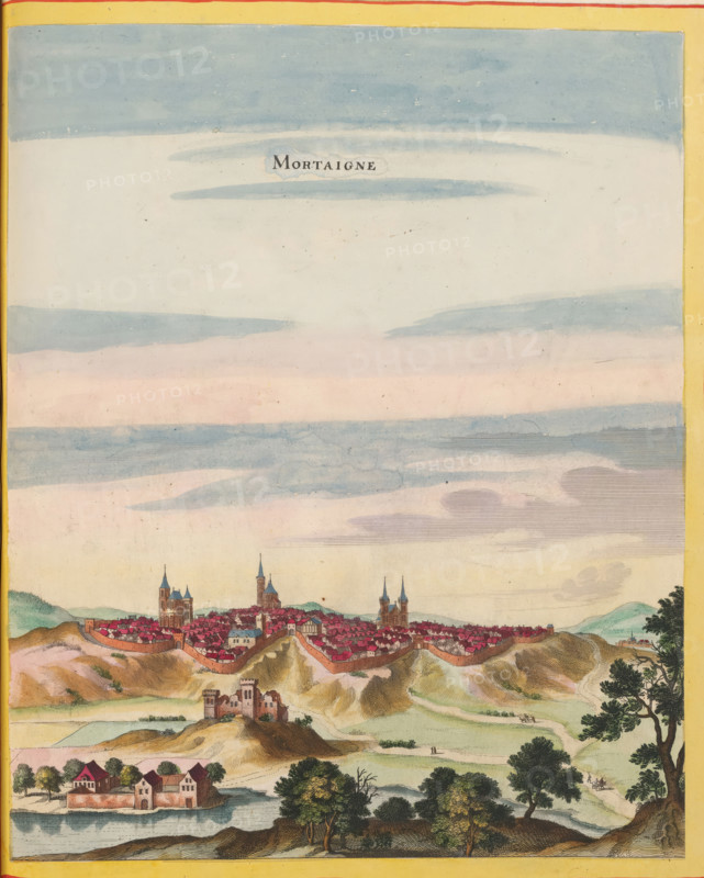 Mortaigne, View of Mortagne-au-Perche, print, album page, This print is part of an album., publisher: Caspar Merian, Frankfurt am Main, colorer (graphic design artist): Anna Beeck, The Hague, 1657, printmaker, colorer (graphic design artist), Hessen, paper, engraving, etching, hand coloring, etching and engraving, hand-colored, cut within plate edge and pasted in a hand-colored frame, title cut out of image and glued above, sky and clouds hand-painted around it, height 344 mm x width 284 mm, height 532 mm x width 320 mm, A hand-colored landscape showing a walled town with clustered red-roofed buildings and several tall church towers rising above the rooftops, set against rolling hills and fortified walls; in the foreground there is a small fortified house or castle on a hill, a river or body of water with a few small buildings on its bank, and scattered trees and paths with tiny figures and riders; the sky occupies a large portion of the scene with layered bands of pale blue and pink c...