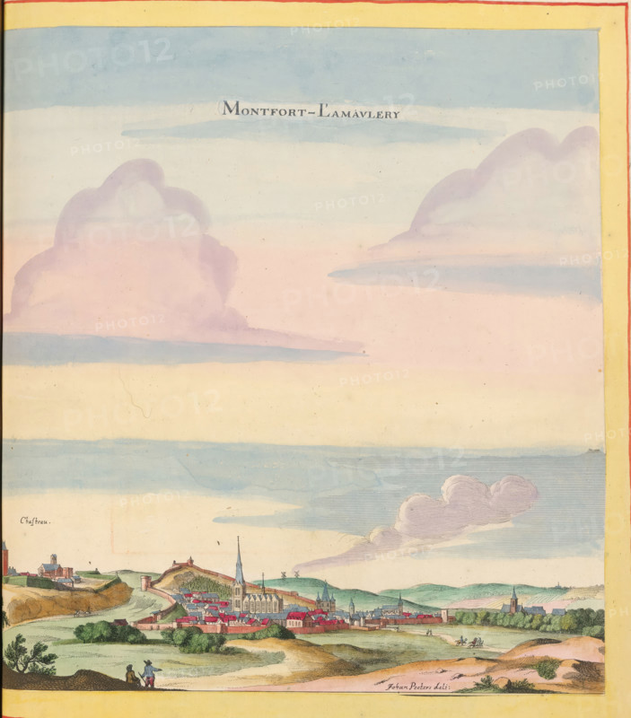 View of Montfort-l'Amaury, Montfort-l'Amaury, print, album page, This print is part of an album., after drawing by Jan Peeters (I), publisher: Caspar Merian, Frankfurt am Main, colorer (graphic design artist): Anna Beeck, The Hague, 1657, printmaker, colorer (graphic design artist), Hessen, paper, engraving, etching, hand coloring, etching and engraving, hand-colored, cut within the plate edge and pasted in a hand-colored frame, title cut out of the image and glued above it, surrounding sky and clouds hand-painted, height 308 mm x width 298 mm, height 532 mm x width 320 mm, A wide landscape view dominated by a pastel sky with large soft clouds in shades of pink, lavender, and blue above a horizon of rolling green hills and fields; below the sky a fortified town sits with clustered red-roofed buildings, a prominent church with a tall spire, other towers and walls, and scattered houses; in the foreground grassy and sandy terrain shows small groups of people, a pair walking near the lower...