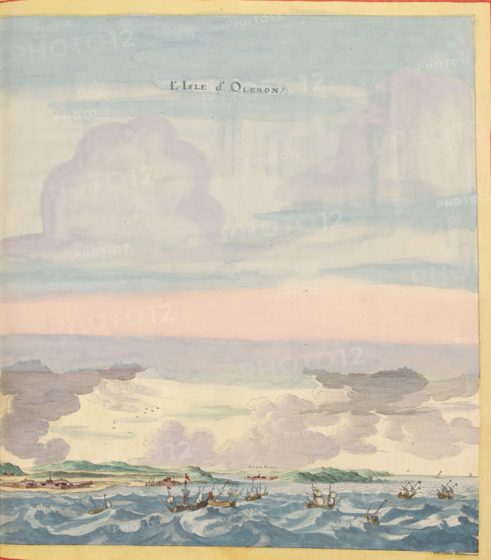 L'Isle d'Oleron, View of Île d'Oléron, print, album page, This print is part of an album., after drawing by Jan Peeters (I), publisher: Caspar Merian, Frankfurt am Main, colorer (graphic design artist): Anna Beeck, The Hague, 1657, Jan Peeters (I), Caspar Merian, Anna Beeck, printmaker, after drawing by, publisher, colorer (graphic design artist), Hessen, paper, engraving, etching, hand coloring, etching and engraving, hand colored, cut off within the edge of the plate and pasted in a hand-colored frame, title cut out of the image and glued above it, surrounded by hand-painted sky and clouds, height 322 mm x width 301mm, height 532mm x width 320mm, A wide view shows a seascape under a pale sky filled with layered clouds in soft blues, pinks, and purples, with darker cloud formations higher above and lighter, more detailed clouds lower near the horizon; below the sky a stretch of land with low green hills and small structures lines the shore, and numerous sailing ships with masts and fl...