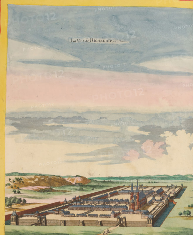 The City of Richelieu in Poictou, View of Richelieu from a bird's-eye perspective, print, album page, This print is part of an album., publisher: Caspar Merian, Frankfurt am Main, colorer (graphic design artist): Anna Beeck, The Hague, 1657, Caspar Merian, Anna Beeck, printmaker, publisher, colorer (graphic design artist), Hesse, paper, engraving, hand coloring, hand-colored, cut within the plate edge and pasted in a hand-colored frame, title cut out of the image and glued above, surrounding sky and clouds hand-painted, height 345 mm x width 288 mm, height 532 mm x width 320 mm, A wide hand-colored engraving showing a fortified town with high walls and corner towers beside a moat, a grid of streets and tightly packed buildings within the walls, and two tall church spires rising above the rooftops; the foreground shows grassy land and a road leading to a gate with small groups of people and scattered trees, while the midground features rolling hills with patches of vegetation and the ba...