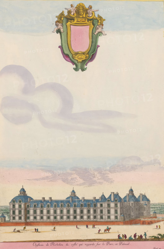 Chasteau de Richelieu du costé qui regarde sur le parc, et Palmail, View of the park side of the castle of Richelieu, Views of various castles, Livre contenant les veuës et perspectives de la chapelle et maison de Sorbonne, ensemble de plusieurs autres belles maisons basties and various endroicts du Royaume, print, album page, This print is part of an album., printmaker: Israël Silvestre, printmaker: Jean Marot (I), publisher: Israël Henriet, Paris, colorer (graphic design artist): Anna Beeck, The Hague, 1649, colorer (graphic design artist), Israel Silvestre, paper, etching, engraving, hand coloring, etching and engraving, hand-colored, cut within the plate edge and pasted in a hand-colored frame, title cut out of the image and glued above, surrounding sky and clouds hand-painted, height 369 mm x width 251 mm, height 532 mm x width 320 mm, From a series of twelve unnumbered prints., castle, Richelieu, A wide vertical scene shows a large classical building with a long facade and blue d...