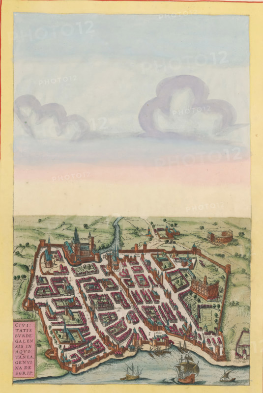 Civitatis Burdegalensis in Aquitanea genvina descrip, View of Bordeaux from a bird's-eye perspective, print, album page, This print is part of an album., printmaker, after design by, publisher, colorer (graphic design artist), Amsterdam, Joris Hoefnagel, Johannes Janssonius, paper, engraving, etching, hand coloring, hand-colored, cut within the plate edge and pasted in a hand-colored frame, sky and clouds hand-painted above the image, height 344 mm x width 220 mm, height 532 mm x width 320 mm, This print has been used in several atlases. Among others in: Braun, Georg & Frans Hogenberg. Civitates orbis terrarum. Slsn, 1572 (and in the later editions of 1574 and 1575), and in: Theatrum exhibens celebriores Galliae et Helvetae urbes. Amsterdam: Johannes Janssonius, 1657., city-view in general, 'veduta', Bordeaux, A tall rectangular image framed by a pale yellow border shows a stylized aerial view of a walled coastal town occupying the lower portion and a wide sky above. The sky displays s...