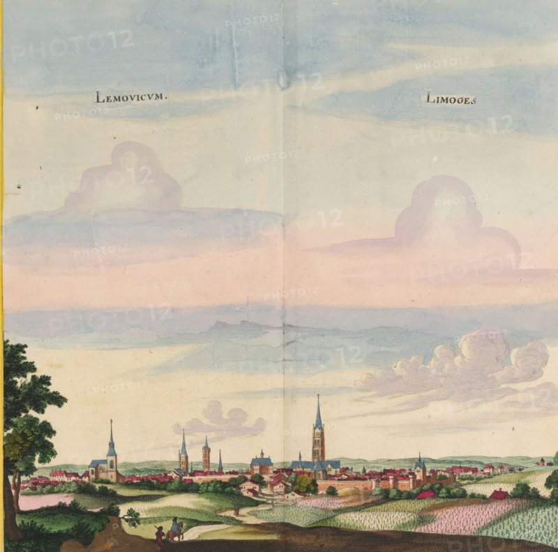 Lemovicum, Limoges, View of Limoges, print, album page, This print is part of an album., publisher: Caspar Merian, Frankfurt am Main, colorer (graphic design artist): Anna Beeck, The Hague, 1657, printmaker, colorer (graphic design artist), Hesse, paper, engraving, etching, hand coloring, etching and engraving, hand-colored, cut within the plate edge and pasted in a hand-colored frame, title cut out of the image and glued above, surrounding sky and clouds hand-painted, height 306 mm x width 307 mm, height 532 mm x width 636 mm, A wide landscape scene with a pale sky showing bands of blue and pink clouds above a town skyline; tall church steeples and towers rise among clustered buildings with red and blue roofs; rolling green fields and hedgerows surround the town, with a winding dirt path leading toward it; trees frame the left edge and small figures, including a person on horseback and a walking companion, appear on a foreground hill.
