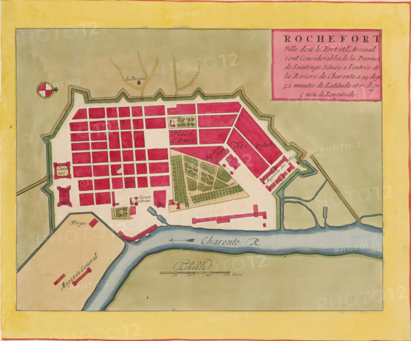 Rochefort ville dont le port et l'arcenal sont considerables, Map of Rochefort, area plan, print, album page, This print is part of an album., printmaker, colorer (graphic design artist), The Hague, paper, engraving, hand coloring, hand colored, cut off within the plate edge and mounted in a hand-colored frame, height 208 mm x width 271 mm, height 532 mm x width 320 mm, Card used in: Fer, Nicolas de. Les forces de l'Europe. 8 parts. Paris: Nicolas de Fer, 1690-1695. Mortier, Pieter. Les forces de l'Europe. 10 parts. Amsterdam: Pieter Mortier, ca. 1700, maps of cities, Rochefort (France), A colored map section showing a fortified town with angular bastions and a grid of rectangular blocks filled in pale red, bordered by a green rampart and beige outer area, a river with blue water flowing along the lower edge, a compass rose near the top left, a boxed cartouche in pink at the upper right, small gardens and tree-filled plots rendered in green within the town, elongated red-roofed buildin...