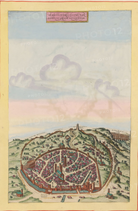 Nemasus, Nismes, civitas Narbonensis Galliae vetustissima, View of Nîmes from a bird's-eye perspective, print, album page, This print is part of an album., printmaker, after design by, publisher, colorer (graphic design artist), Amsterdam, The Hague, Joris Hoefnagel, Johannes Janssonius, paper, engraving, etching, hand coloring, etching and engraving, hand-colored, cut within the plate edge and pasted in a hand-colored frame, title cut out of the image and glued above, surrounding sky and clouds hand-painted, height 365 mm x width 233 mm, height 532 mm x width 320 mm, This print has been used in several atlases. Among others in: Braun, Georg & Frans Hogenberg. Civitates orbis terrarum. Slsn, 1572 (and in the later editions of 1574 and 1575), and in: Theatrum exhibens celebriores Galliae et Helvetae urbes. Amsterdam: Johannes Janssonius, 1657., city-view in general, 'veduta', Nîmes, A hand-colored illustration of a walled circular city seen from an elevated viewpoint, surrounded by coun...