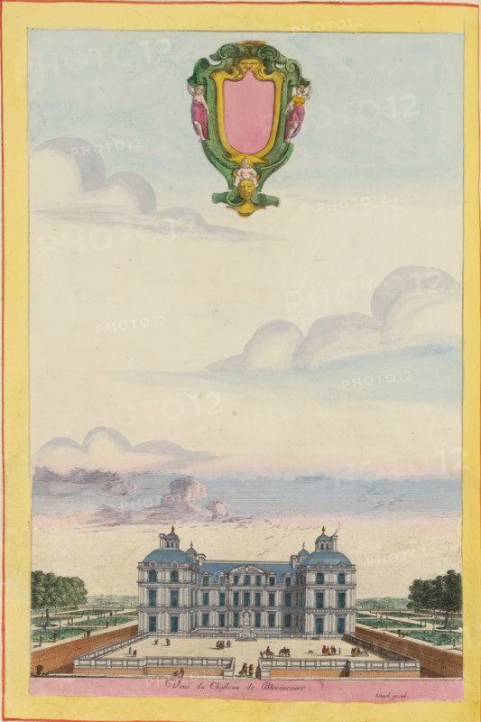 Veuë du chasteau de Blerancourt, View of Blérancourt Castle, Views of various castles and landscapes, Livre de diverses veuës, perspectives, et paysages faicts sur le naturel, print, album page, This print is part of an album., printmaker: Jean Marot (I), printmaker: Jean Lepautre, after design by Israël Silvestre, publisher: Israël Henriet, Paris, colorer (graphic design artist): Anna Beeck, The Hague, 1651, colorer (graphic design artist), paper, etching, hand coloring, hand colored, cut inside plate edge and mounted in a hand-colored frame, coat of arms cut out of the image and above it glued, surrounded by hand-painted sky and clouds, height 388 mm x width 251 mm, height 532 mm x width 318 mm, A vertical illustration framed by a pale yellow border shows a clear sky with soft, layered clouds in pastel blues and pinks, and a decorative cartouche near the top featuring an ornate green and gold frame with a blank pink central panel flanked by two small, draped figures and a cherubic fa...