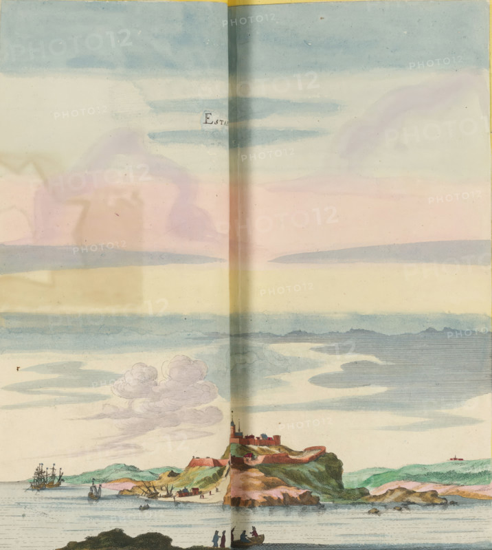 View of Etaples, Estaples, print, album page, This print is part of an album., after drawing by Jan Peeters (I), publisher: Caspar Merian, Frankfurt am Main, colorer (graphic design artist): Anna Beeck, The Hague, 1656, printmaker, colorer (graphic design artist), Hessen, paper, engraving, etching, hand coloring, etching and engraving, hand-colored, cut within the plate edge and pasted in a hand-colored frame, title cut out of the image and glued above, surrounding sky and clouds hand-painted, height 321 mm x width 308 mm, height 532 mm x width 632 mm, A wide watercolor landscape showing a pale sky with horizontal bands of soft blue and pink, scattered wispy clouds, and a faint central vertical crease; below, a coastal scene with a rocky, green-and-brown headland topped by a walled settlement and tall spire, small buildings along the shoreline, several sailing ships and rowboats on calm water, and tiny groups of figures on the beach and in a small boat.