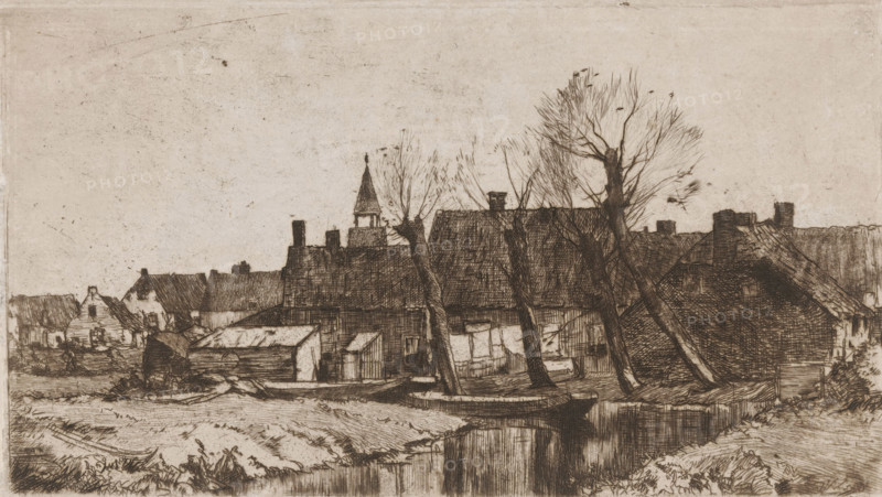 Village view, print, printmaker: Chris van der Windt, 1887 - 1952, paper, etching, drypoint, intaglio printmaking technique, height 139 mm, width 243 mm, prospect of village, silhouette of village, A sepia-toned etching shows a row of old houses with steep, pitched roofs and chimneys clustered along a waterway, with bare trees rising among the buildings and their thin branches extending skyward; small boats sit at the water’s edge and one is moored alongside a simple wooden dock, while laundry hangs to dry between structures and a bell tower with a pointed roof rises behind the roofs; reflections of the buildings and boats appear in the still water in the foreground, and the sky above is mostly empty with faint marks and speckles.
