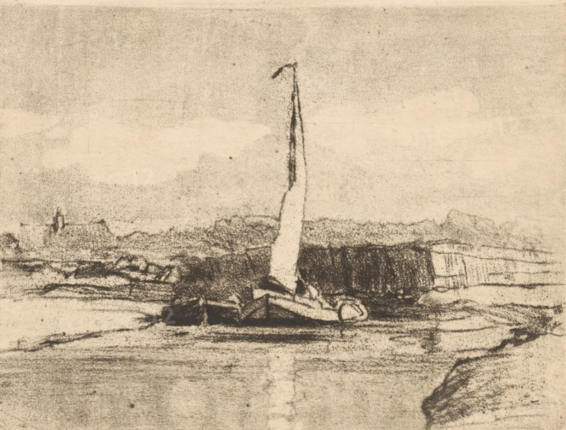 Sailing with two ships, print, printmaker: Chris van der Windt (signed by artist), 1887 - 1952, paper, crayon manner, height 125 mm x width 165 mm, canal, boat propelled by man or animal, A grainy monochrome sketch showing a shoreline scene with a tall, narrow vertical mast rising near the center, a sail or cloth attached along its length, and a small boat or dinghy resting on the shore in front of darker shaded forms. Low, textured land stretches across the middle distance with rough, stippled shading and indistinct structures, while the sky above is pale with soft, cloudlike horizontal smudges. The foreground shows sandy or muddy ground marked by horizontal strokes and shaded areas, and the overall image has a textured, sketchy quality from visible pencil or charcoal marks.