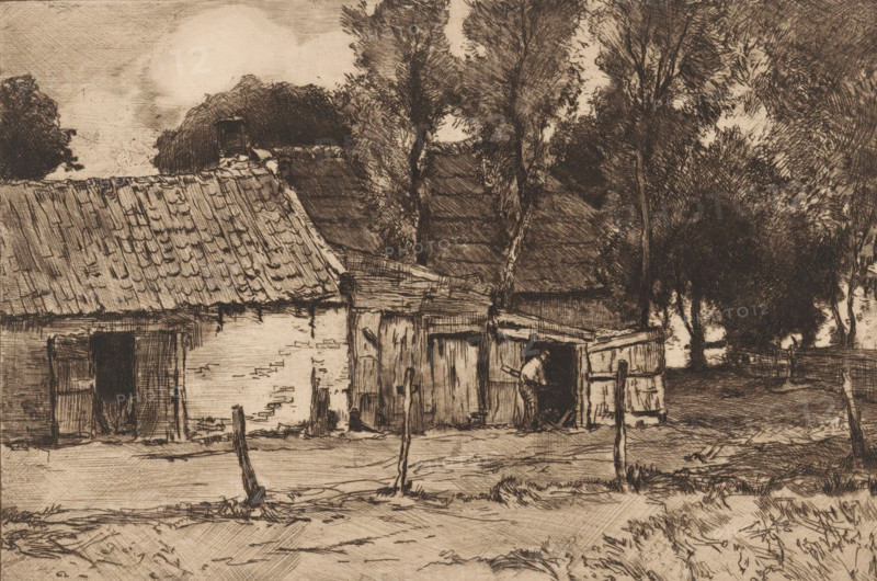 Farmhouse with barn, print, printmaker: Chris van der Windt (signed by artist), 1887 - 1952, paper, etching, roulette, intaglio printmaking technique, height 136 mm x width 199 mm, farm or solitary house in landscape, farm (building), barn, A sepia-toned etching shows a rustic scene with a low building featuring a tiled sloping roof and a rough exterior wall, an adjacent lean-to structure with wooden planks and an open doorway, and a person bending at the entrance of the lean-to. In front of the building a simple fence with upright posts runs across a dirt foreground. Behind and around the buildings are tall trees with dense foliage and textured trunks, and additional rooftops partly visible through the trees. The sky above is lightly shaded with cross-hatched marks.