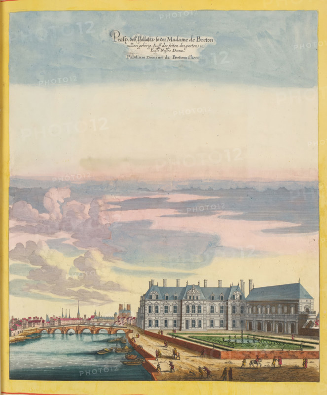 Prosp. dess Pallasts de Chevreuse wie solcher von aussen an zusehen, View of Hôtel de Bretonvilliers in Paris, print, album page, View of Hôtel de Bretonvilliers in Paris. On the left the river Seine and in the background Notre-Dame. Print is part of an album., printmaker: Matthäus Merian (II), Frankfurt am Main, Paris, colorer (graphic design artist): Anna Beeck, The Hague, 1655, colorer (graphic design artist), Hessen, paper, engraving, etching, hand coloring, tears, torn etching and engraving hand-colored in pink, green, blue, and yellow, pasted onto album page, a yellow frame with a red border around the image, height 333 mm x width 281 mm, height 536 mm x width 318 mm, Print originally produced as a book illustration for: Zeiller, Martin. Topographia Galliae, oder Beschreibung und Contrafaitung der vornehmbsten und bekantisten Oerter in dem mächtigen und grossen Königreich Frankreich, 13 vols. Frankfurt am Main: Caspar Merian, 1655-1661. The print was first published in part 1: To...