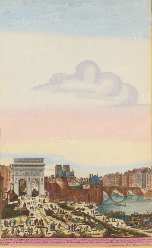 The Porte Saint Bernard, View of the Porte Saint-Bernard in Paris, print, album page, View of the Porte Saint-Bernard in Paris. In the foreground various walkers and horsemen. On the right, activity along the banks of the Seine. Print is part of an album., printmaker: Laurens Scherm, Northern Netherlands, after print by Nicolas Perelle, Paris, publisher: Carel Allard, Amsterdam, grantor of privilege: States of Holland and West Friesland, colorer (graphic design artist): Anna Beeck, The Hague, 1689 - 1701, Nicolas Perelle, after print by, colorer (graphic design artist), paper, etching, hand coloring, tearing, torn etching hand-colored in pink, green, blue, and yellow, pasted onto album page, a yellow frame with a red border around the image, height 435 mm x width 271 mm, height 535 mm x width 319 mm, The print is torn along the top edge of the image. The top part has been pasted higher, so that the sky has become higher and the size of the image matches the other large-format images in...