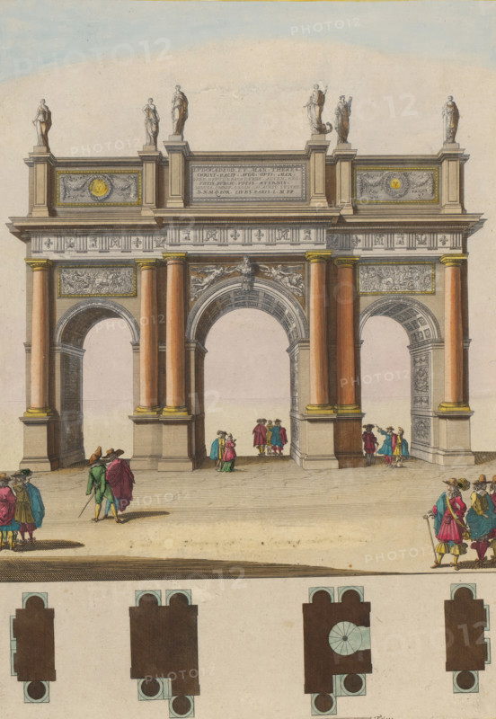 First triumphal arch in the Faubourg Saint Antoine during the Joyous Entry of King Louis XIV of France and his wife Maria Theresa into Paris, print, album page, book illustration, First triumphal arch in the Faubourg Saint Antoine during the Joyous Entry of King Louis XIV of France and his wife Maria Theresa into Paris in 1660. Print is part of an album., printmaker: Jean Marot (I), Paris, colorer (graphic design artist): Anna Beeck, The Hague, 1660 - 1662, colorer (graphic design artist), paper, etching, hand coloring, etching hand-colored in pink, green, blue, and yellow, pasted onto album page, around the image a yellow frame with a red border, height 382 mm x width 266 mm, height 535 mm x width 335 mm, A large classical archway with three arched passageways framed by tall columns topped with decorative capitals and ornate entablatures stands centrally on a flat paved foreground, the archway rendered in warm ochre and muted pink tones with carved relief panels and sculpted figures a...