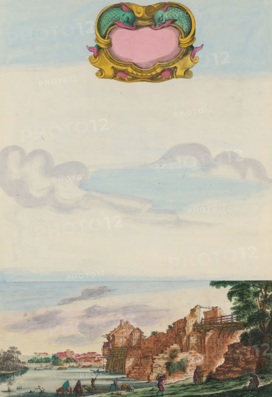 View of the Roman bridge at Charenton, Veües et Perspective du Village et du Pont de Charenton, print, album page, View of the Roman bridge over the Seine at Charenton just outside Paris. In the sky an ornamental cartouche. Print is part of an album., printmaker: Israël Silvestre, Paris, publisher: Israël Henriet, grantor of privilege: Louis XIV (King of France), colorer (graphic design artist): Anna Beeck, The Hague, 1631 - 1661, colorer (graphic design artist), paper, etching, hand coloring, tears, torn etching hand-colored in pink, green, blue, and yellow, pasted onto album page, a yellow frame with a red border around the image, height 371 mm x width 254 mm, height 535 mm x width 335 mm, bridge, Charenton-le-Pont, A pale sky fills most of the image with soft blue and cream tones and wispy lavender-gray clouds, and near the top a decorative cartouche in gold, and pink sits against the sky. Below, a coastal scene shows a wide body of water stretching to the horizon, with small boats ...