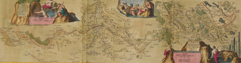 Map of the new canal from Pontgouin to Versailles, ca. 1693-1696, I. Partie du Nouveau Canal Fait pour la Conduite de la Riviere d'Eure depuis Pontgouin jusques a Versailles, II. Partie du Nouveau Canal Fait pour la Conduite de la Riviere d'Eure depuis Pontgouin jusques a Versailles, III. Partie du Nouveau Canal Fait pour la Conduite de la Riviere d'Eure depuis Pontgouin jusques a Versailles, print, album page, book illustration, Map of the new canal that carries water of the River Eure from Pontgouin to Versailles, ca. 1693-1696. With water nymphs and river gods. Print is part of an album., printmaker, publisher, colorer (graphic design artist), The Hague, Paris, France, paper, etching, hand coloring, etching hand-colored in pink, green, blue, and yellow, pasted onto an album page, surrounded by a yellow frame with a red border, height 202 mm x width 740 mm, height 536 mm x width 840 mm, Print originally produced as a book illustration for: Les forces de l'Europe, ou description des p...
