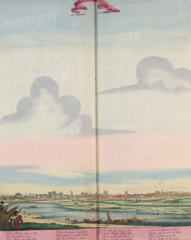 Profil de la ville de Paris, Panorama op de stad Parijs, print, album page, View of the city of Paris. In the foreground the river Seine. Below the image four four-line verses in French. Print is part of an album., printmaker: Israël Silvestre, Paris, grantor of privilege: French crown, colorer (graphic design artist): Anna Beeck, The Hague, 1631 - 1691, colorer (graphic design artist), paper, etching, hand coloring, tearing, torn etching hand-colored in pink, green, blue, and yellow, pasted onto album page, a yellow frame with a red border around the image, height 378 mm x width 310 mm, height 535 mm x width 630 mm, prospect of city, town panorama, silhouette of city, A wide, pastel-hued scene shows a distant city skyline along a riverbank beneath a broad sky; large soft clouds in muted gray and lavender float above a pale band of pink near the horizon, with lighter blue and cream tones higher up. Along the lower edge a narrow strip of shoreline and water is visible with small boats m...
