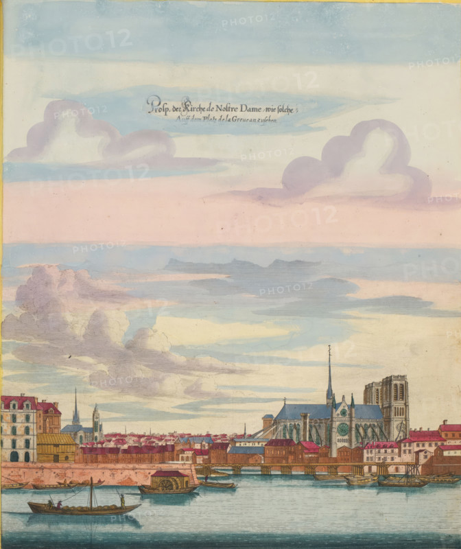 Prosp. der Kirche de Nostre Dame wie solche Auff dem Platz de la Greue an jijehen, View of the side of Notre-Dame from Place de Grève, print, album page, View of the side of Notre-Dame from Place de Grève in Paris. In the foreground the River Seine. Print is part of an album., printmaker: Matthäus Merian (II), Frankfurt am Main, Paris, colorer (graphic design artist): Anna Beeck, The Hague, 1655, colorer (graphic design artist), Hessen, paper, engraving, etching, hand coloring, cracks, torn etching and engraving hand-colored in pink, green, blue and yellow, pasted on album page, around the scene a yellow frame with red border, height 332 mm x width 283 mm, height 534 mm x width 330 mm, Print originally produced as a book illustration for: Zeiller, Martin. Topographia Galliae, oder Beschreibung und Contrafaitung der vornehmbsten und bekantisten Oerter in dem mächtigen und grossen Königreich Frankreich, 13 vols. Frankfurt am Main: Caspar Merian, 1655-1661. The print was first published i...