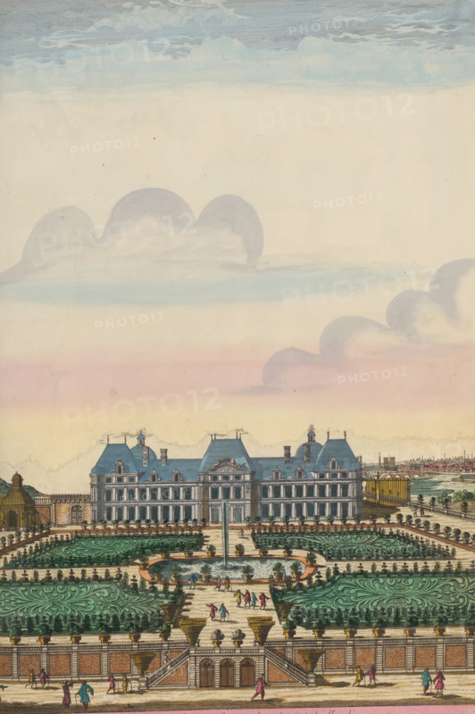 View and perspective of the Château de Meudon from the Garden Side, View of the Château de Meudon from the Gardens, print, album page, View of the Château de Meudon from the Gardens. Various figures in the gardens. Print is part of an album., printmaker: Pierre Aveline, Paris, colorer (graphic design artist): Anna Beeck, The Hague, 1675 - 1717, colorer (graphic design artist), paper, etching, hand coloring, tearing, torn etching hand-colored in pink, green, blue, and yellow, pasted onto album page, a yellow frame with a red border around the image, height 440 mm x width 309 mm, height 535 mm x width 328 mm, The print has been torn along the top edge of the image. The upper part has been pasted higher, so that the sky has become higher and the size of the image matches the other large-format images in the album. The image is supplemented at the top with a painted sky., castle, French or architectonic garden, formal garden, Meudon, Meudon Castle, A wide, formal garden with symmetrical pa...