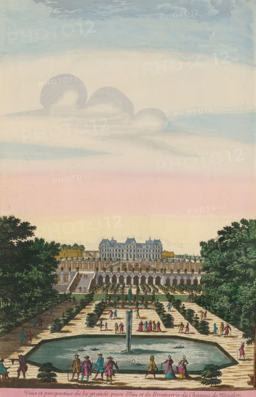 View of the large pond with fountain and the orangery of the Château de Meudon, Veüe et perspective de la grande piece d'Eau et de l'Orangerie du Chateau de Meudon, print, album page, View of the large pond with fountain and the orangery of the Château de Meudon. Print is part of an album., printmaker: Pierre Aveline, Paris, grantor of privilege: Louis XIV (King of France), colorer (graphic design artist): Anna Beeck, The Hague, 1675 - 1717, colorer (graphic design artist), paper, etching, hand coloring, tearing, torn etching hand-colored in pink, green, blue, and yellow, pasted onto album page, a yellow frame with a red border around the image, height 456 mm x width 305 mm, height 535 mm x width 335 mm, The print has been torn along the top edge of the image. The upper part has been pasted higher, so that the sky has become higher and the size of the image matches the other large-format images in the album. The depiction is supplemented at the top with a painted sky., castle, French o...