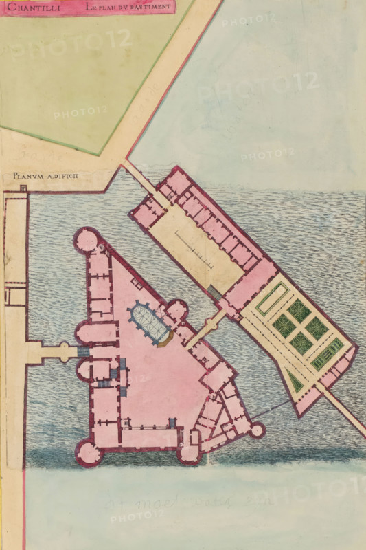 Chantilli Le Plan du Bastiment, Planum Aedificii, Plan of the Château de Chantilly, print, album page, Plan of the Château de Chantilly. Print is part of an album., after design by Jacques Androuet (possibly), colorer (graphic design artist): Anna Beeck, The Hague, 1520 - 1585, printmaker, colorer (graphic design artist), paper, etching, tearing, hand coloring, torn etching hand-colored in pink, green, blue, and yellow, pasted onto album page, a yellow frame with a red border around the image, height 403 mm x width 266 mm, height 540 mm x width 340 mm, The print is torn along the top and bottom edges of the image. Part of the title is pasted higher. The image is supplemented at the top and bottom with drawing and painting., plan, architecture, French or architectonic garden, formal garden, map of garden, Chantilly, Château de Chantilly, A colored architectural plan showing interconnected building structures and surrounding water, rendered in soft pastel tones. The main complex is drawn...