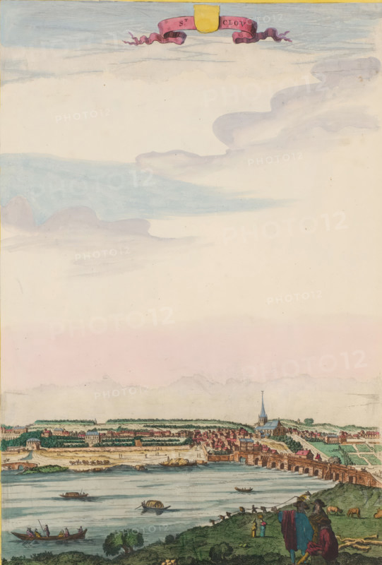 View of the place Saint-Cloud, St. Clou, print, album page, located on the Seine west of Paris. Print is part of an album., colorer (graphic design artist): Anna Beeck, The Hague, 1600 - 1700, printmaker, colorer (graphic design artist), paper, etching, tearing, hand coloring, torn etching hand-colored in pink, green, blue, and yellow, pasted onto album page, around the image a yellow frame with a red border, height 376 mm x width 252 mm, height 540 mm x width 335 mm, The print has been torn along the top edge of the image. The upper part has been pasted higher, so that the sky has become higher and the size of the image matches the other large-format images in the album. The scene is supplemented at the top with a painted sky, river, city-view, and landscape with man-made constructions, Saint-Cloud, A tall vertical scene showing a wide pale sky with soft blue and pink clouds above a distant town on a gently rolling shoreline, a long stone bridge with arches spanning the water, cluster...