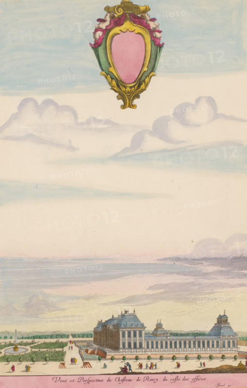 View and Perspective of the Château de Raincy from the costé of the offices, View of the offices of Château du Raincy, Views of the surroundings of Paris, print, album page, View of the offices of Château du Raincy. In the sky an ornamental blank coat of arms. Print is part of an album., printmaker: Israël Silvestre, Paris, publisher: Israël Henriet, colorer (graphic design artist): Anna Beeck, The Hague, 1631 - 1661, colorer (graphic design artist), paper, etching, hand coloring, tears, torn etching hand-colored in pink, green, blue, and yellow, pasted onto an album page, a yellow frame with a red border surrounds the image, height 370 mm x width 244 mm, height 534 mm x width 316 mm, The image is supplemented at the top with a painted sky., castle, French or architectonic garden, formal garden, Château du Raincy, A pale sky with soft blue and pink tones and wispy clouds fills most of the image, with an ornate shield-like cartouche in green, gold, and pink floating near the top; below ...