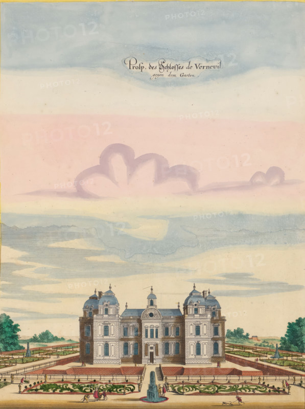 Prosp. des Schlosses de Verneuil gegen dem Garten, View of Château de Verneuil from the gardens, print, album page, View of Château de Verneuil. Print is part of an album., printmaker: Matthäus Merian (II), Frankfurt am Main, after print by Israël Silvestre (possibly), colorer (graphic design artist): Anna Beeck, The Hague, 1655, Israël Silvestre, after print by, colorer (graphic design artist), Hessen, paper, engraving, etching, tearing, hand coloring, torn etching and engraving hand-colored in pink, green, blue and yellow, pasted on album page, around the scene a yellow frame with red border, height 376 mm x width 284 mm, height 536 mm x width 330 mm, Print originally produced as a book illustration for: Zeiller, Martin. Topographia Galliae, oder Beschreibung und Contrafaitung der vornehmbsten und bekantisten Oerter in dem mächtigen und grossen Königreich Frankreich, 13 vols. Frankfurt am Main: Caspar Merian, 1655-1661. The print was first published in part 1: Topographia Galliae, 16...