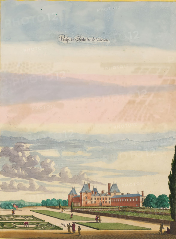 Prosp. des Schlosses de Villeroy, View of Château de Villeroy from the gardens, print, album page, View of Château de Villeroy from the gardens. Print is part of an album., printmaker: Matthäus Merian (II), Frankfurt am Main, after print by Israël Silvestre, colorer (graphic design artist): Anna Beeck, The Hague, 1655, Israël Silvestre, after print by, colorer (graphic design artist), Hessen, paper, engraving, etching, tearing, hand coloring, torn etching and engraving hand-colored in pink, green, blue, and yellow, pasted onto album page, surrounded by a yellow frame with a red border, height 380 mm x width 279 mm, height 536 mm x width 330 mm, Print originally produced as a book illustration for: Zeiller, Martin. Topographia Galliae, oder Beschreibung und Contrafaitung der vornehmbsten und bekantisten Oerter in dem mächtigen und grossen Königreich Frankreich, 13 vols. Frankfurt am Main: Caspar Merian, 1655-1661. The print was first published in part 1: Topographia Galliae, 1655. The p...