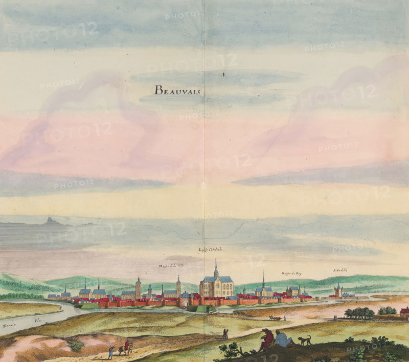 Beauvais, View of the city of Beauvais, print, album page, View of the city of Beauvais. Print is part of an album., printmaker: Matthäus Merian (II), Frankfurt am Main, after drawing by Jan Peeters (I), colorer (graphic design artist): Anna Beeck, The Hague, 1655, colorer (graphic design artist), Hessen, paper, engraving, etching, tearing, hand coloring, torn etching and engraving hand-colored in pink, green, blue, and yellow, pasted onto album page, surrounded by a yellow frame with a red border, height 294 mm x width 300 mm, height 536 mm x width 660 mm, Print originally produced as a book illustration for: Zeiller, Martin. Topographia Galliae, oder Beschreibung und Contrafaitung der vornehmbsten und bekantisten Oerter in dem mächtigen und grossen Königreich Frankreich, 13 vols. Frankfurt am Main: Caspar Merian, 1655-1661. The print was first published in part 1: Topographia Galliae, 1655. The print is torn off along the top edge of the image. The title is posted higher. The represe...