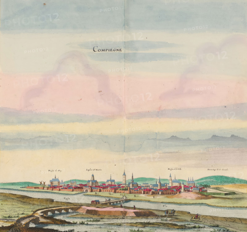 Compiegne, View of the city of Compiègne, print, album page, View of the city of Compiègne. Print is part of an album., printmaker: Matthäus Merian (II), Frankfurt am Main, after drawing by Jan Peeters (I), colorer (graphic design artist): Anna Beeck, The Hague, 1655, colorer (graphic design artist), Hessen, paper, engraving, etching, tearing, hand coloring, torn etching and engraving hand-colored in pink, green, blue, and yellow, pasted onto album page, surrounded by a yellow frame with a red border, height 313 mm x width 300 mm, height 536 mm x width 660 mm, Print originally produced as a book illustration for: Zeiller, Martin. Topographia Galliae, oder Beschreibung und Contrafaitung der vornehmbsten und bekantisten Oerter in dem mächtigen und grossen Königreich Frankreich, 13 vols. Frankfurt am Main: Caspar Merian, 1655-1661. The print was first published in part 1: Topographia Galliae, 1655. The print is torn off along the top edge of the image. The title is posted higher. The repr...
