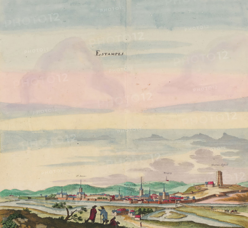View of the city of Étampes, Estampes, print, album page, View of the city of Étampes. The castle tower is on the right. Print is part of an album., printmaker: Matthäus Merian (II), Frankfurt am Main, after drawing by Jan Peeters (I), colorer (graphic design artist): Anna Beeck, The Hague, 1655, colorer (graphic design artist), Hessen, paper, engraving, etching, tearing, hand coloring, torn etching and engraving hand-colored in pink, green, blue, and yellow, pasted onto album page, surrounded by a yellow frame with a red border, height 316 mm x width 320 mm, height 536 mm x width 660 mm, Print originally produced as a book illustration for: Zeiller, Martin. Topographia Galliae, oder Beschreibung und Contrafaitung der vornehmbsten und bekantisten Oerter in dem mächtigen und grossen Königreich Frankreich, 13 vols. Frankfurt am Main: Caspar Merian, 1655-1661. The print was first published in part 1: Topographia Galliae, 1655. The print is torn off along the top edge of the image. The tit...