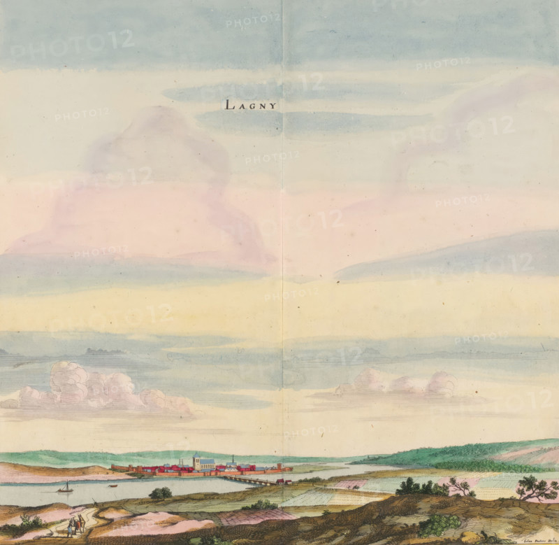 View of the town of Lagny-sur-Marne, Lagny, print, album page, View of the town of Lagny-sur-Marne. Print is part of an album., printmaker: Matthäus Merian (II), Frankfurt am Main, after drawing by Jan Peeters (I), colorer (graphic design artist): Anna Beeck, The Hague, 1655, colorer (graphic design artist), Hessen, paper, engraving, etching, tearing, hand coloring, torn etching and engraving hand-colored in pink, green, blue, and yellow, pasted onto album page, surrounded by a yellow frame with a red border, height 324 mm x width 320 mm, height 536 mm x width 660 mm, Print originally produced as a book illustration for: Zeiller, Martin. Topographia Galliae, oder Beschreibung und Contrafaitung der vornehmbsten und bekantisten Oerter in dem mächtigen und grossen Königreich Frankreich, 13 vols. Frankfurt am Main: Caspar Merian, 1655-1661. The print was first published in part 1: Topographia Galliae, 1655. The print is torn off along the top edge of the image. The title is posted higher. ...