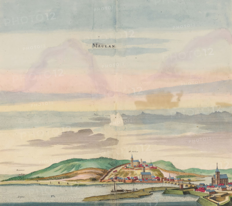 Meulan, View of the city of Meulan, print, album page, View of the city of Meulan. In the foreground the river Seine. Print is part of an album., printmaker: Matthäus Merian (II), Frankfurt am Main, after drawing by Jan Peeters (I), colorer (graphic design artist): Anna Beeck, The Hague, 1655, colorer (graphic design artist), Hessen, paper, engraving, etching, tearing, hand coloring, torn etching and engraving hand-colored in pink, green, blue, and yellow, pasted onto album page, surrounded by a yellow frame with a red border, height 297 mm x width 315 mm, height 536 mm x width 660 mm, Print originally produced as a book illustration for: Zeiller, Martin. Topographia Galliae, oder Beschreibung und Contrafaitung der vornehmbsten und bekantisten Oerter in dem mächtigen und grossen Königreich Frankreich, 13 vols. Frankfurt am Main: Caspar Merian, 1655-1661. The print was first published in part 1: Topographia Galliae, 1655. The print is torn off along the top edge of the image. The title ...