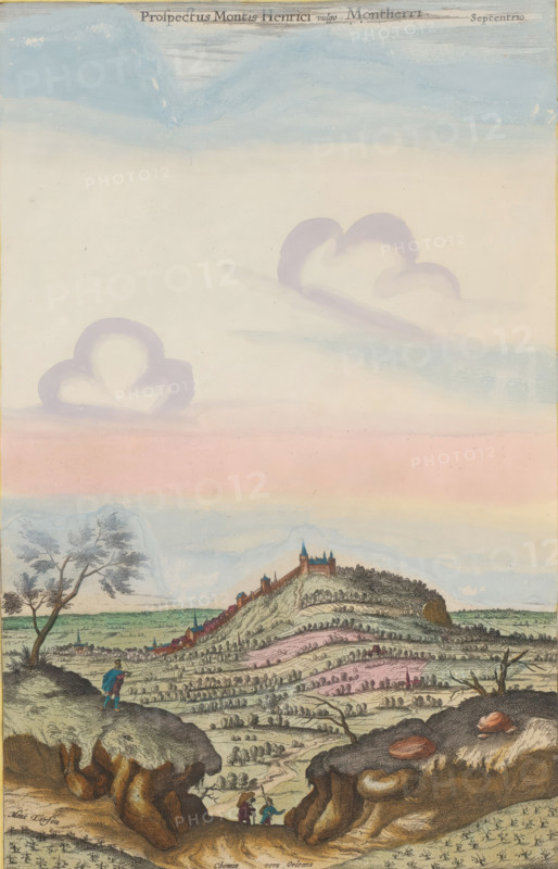 View of the place Henrichemont, Prospectus Montis Henrici vulgo Montherri, print, album page, situated on a mountain. Print is part of an album., printmaker: Symon Novelanus (possibly), Cologne, printmaker: Frans Hogenberg (possibly), after drawing by Joris Hoefnagel, colorer (graphic design artist): Anna Beeck, The Hague, 1596, colorer (graphic design artist), paper, engraving, etching, hand coloring, tears, torn etching and engraving hand-colored in pink, green, blue, and yellow, pasted onto album page, surrounded by a yellow frame with a red border, height 372 mm x width 237 mm, height 536 mm x width 345 mm, Print originally produced as a book illustration for: Georg Braun and Frans Hogenberg. Civitates Orbis Terrarum, 6 volumes. Cologne: 1572-1617. The print was first published in volume 5: Urbium praecipuarum mundi theatrum quintum, 1596. The print has been torn along the top edge of the hills. The upper part with the sky has been pasted on higher, so that the sky has become highe...