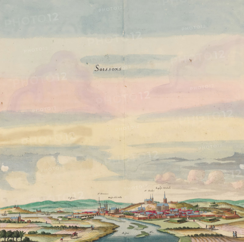 Soissons, View of the city of Soissons, print, album page, View of the city of Soissons. In the foreground the river Aisne. Print is part of an album., printmaker: Matthäus Merian (II), Frankfurt am Main, after drawing by Jan Peeters (I), colorer (graphic design artist): Anna Beeck, The Hague, 1655, colorer (graphic design artist), Hessen, paper, engraving, etching, tearing, hand coloring, torn etching and engraving hand-colored in pink, green, blue, and yellow, pasted onto album page, surrounded by a yellow frame with a red border, height 330 mm x width 320 mm, height 536 mm x width 660 mm, Print originally produced as a book illustration for: Zeiller, Martin. Topographia Galliae, oder Beschreibung und Contrafaitung der vornehmbsten und bekantisten Oerter in dem mächtigen und grossen Königreich Frankreich, 13 vols. Frankfurt am Main: Caspar Merian, 1655-1661. The print was first published in part 1: Topographia Galliae, 1655. The print is torn off along the top edge of the image. The ...