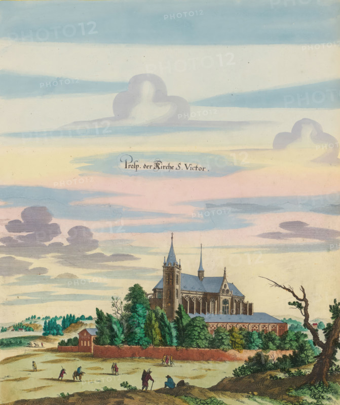 View of the church and monastery of Saint-Victor in Paris, Prosp. der Kirche S. Victor, print, album page, View of the church and monastery of Saint-Victor in Paris. Print is part of an album., printmaker: Matthäus Merian (II), Frankfurt am Main, Paris, colorer (graphic design artist): Anna Beeck, The Hague, 1655, colorer (graphic design artist), Hessen, paper, engraving, etching, hand coloring, cracks, torn etching and engraving hand-colored in pink, green, blue and yellow, pasted on album page, around the scene a yellow frame with red border, height 337 mm x width 282 mm, height 534 mm x width 330 mm, Print originally produced as a book illustration for: Zeiller, Martin. Topographia Galliae, oder Beschreibung und Contrafaitung der vornehmbsten und bekantisten Oerter in dem mächtigen und grossen Königreich Frankreich, 13 vols. Frankfurt am Main: Caspar Merian, 1655-1661. The print was first published in part 1: Topographia Galliae, 1655., church (exterior), abbey, monastery, convent, ...