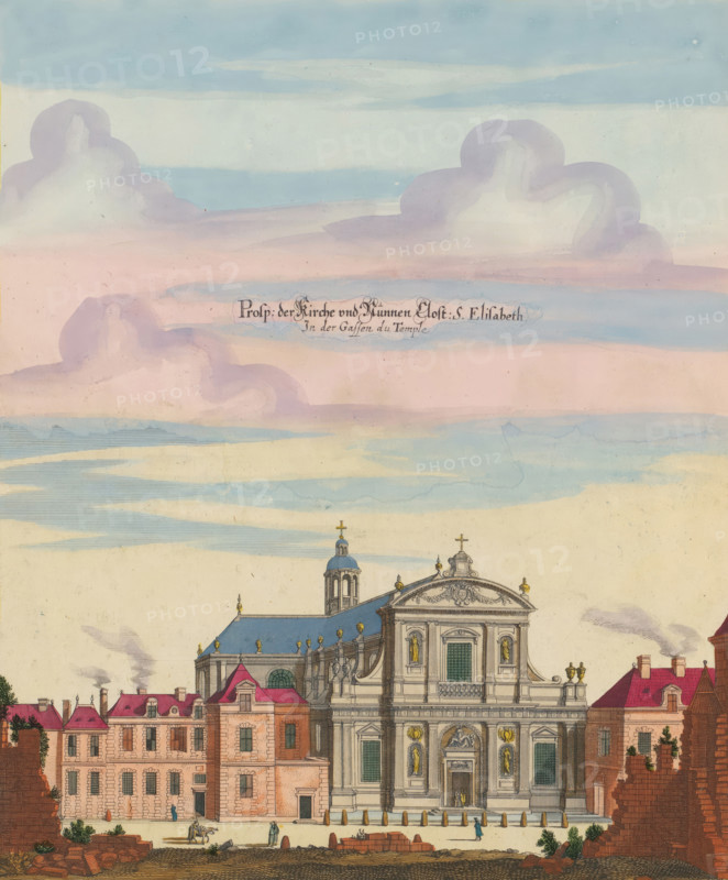 View of the Church of Saint Elisabeth in Paris, Prosp. der Kirche und Nunnen Clost: S. Elisabeth In der Gassen du Temple, print, album page, View of the Church of Saint Elisabeth in Paris. Print is part of an album., printmaker: Matthäus Merian (II), Frankfurt am Main, Paris, colorer (graphic design artist): Anna Beeck, The Hague, 1655, colorer (graphic design artist), Hessen, paper, engraving, etching, hand coloring, cracks, torn etching and engraving hand-colored in pink, green, blue and yellow, pasted on album page, around the scene a yellow frame with red border, height 330 mm x width 280 mm, height 534 mm x width 330 mm, Print originally produced as a book illustration for: Zeiller, Martin. Topographia Galliae, oder Beschreibung und Contrafaitung der vornehmbsten und bekantisten Oerter in dem mächtigen und grossen Königreich Frankreich, 13 vols. Frankfurt am Main: Caspar Merian, 1655-1661. The print was first published in part 1: Topographia Galliae, 1655., church (exterior), Égli...