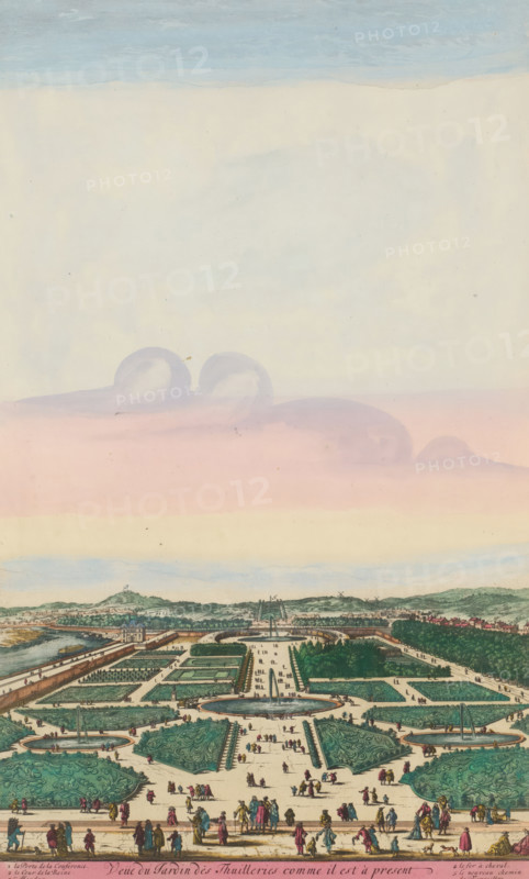 View of the gardens of the Palais des Tuileries in Paris, View of the Garden of the Tuileries as it is present, print, album page, View of the gardens of the Palais des Tuileries in Paris. Various figures in the gardens. Print is part of an album., printmaker: Aldert Meyer, Northern Netherlands, after design by Nicolas Perelle, Paris, publisher: Carel Allard, Amsterdam, grantor of privilege: States of Holland and West Friesland, colorer (graphic design artist): Anna Beeck, The Hague, 1685 - 1695, colorer (graphic design artist), paper, etching, engraving, hand coloring, tears, torn etching and engraving hand-colored in pink, green, blue, and yellow, pasted onto album page, a yellow frame with a red border around the image, height 437 mm x width 267 mm, height 535 mm x width 319 mm, The print is torn along the top edge of the image. The top part has been pasted higher, so that the sky has become higher and the size of the image matches the other large-format images in the album., garden...