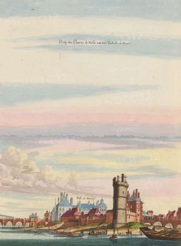 Prosp. des Thurms de Nesle und dess Pallasts de Nevers, View of the Tour de Nesle and the Palais de Nevers in Paris, print, album page, seen from the river Seine. Print is part of an album., printmaker: Matthäus Merian (II), Frankfurt am Main, Paris, colorer (graphic design artist): Anna Beeck, The Hague, 1655, colorer (graphic design artist), Hessen, paper, engraving, etching, hand coloring, tears, torn etching and engraving hand-colored in pink, green, blue, and yellow, pasted onto album page, surrounded by a yellow frame with a red border, height 378 mm x width 278 mm, height 536 mm x width 320 mm, Print originally produced as a book illustration for: Zeiller, Martin. Topographia Galliae, oder Beschreibung und Contrafaitung der vornehmbsten und bekantisten Oerter in dem mächtigen und grossen Königreich Frankreich, 13 parts. Frankfurt am Main: Caspar Merian, 1655-1661. The print was first published in volume 1: Topographia Galliae, 1655. The print has been torn along the top edge of ...