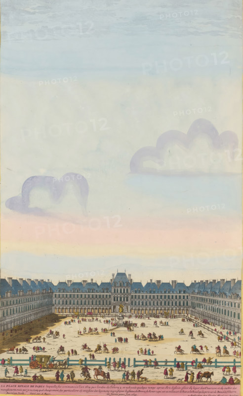 The Place Royale of Paris, View of the Place Royal in Paris, print, album page, View of the Place Royal in Paris. On the square, an equestrian statue of Louis XIII, King of France. Print is part of an album., printmaker: Aldert Meyer, Northern Netherlands, after design by Nicolas Perelle, Paris, publisher: Carel Allard, Amsterdam, grantor of privilege: States of Holland and West Friesland, colorer (graphic design artist): Anna Beeck, The Hague, 1685 - 1695, colorer (graphic design artist), paper, etching, engraving, hand coloring, tears, torn etching and engraving hand-colored in pink, green, blue, and yellow, pasted onto album page, a yellow frame with a red border around the image, height 439 mm x width 268 mm, height 535 mm x width 319 mm, The print is torn along the top edge of the image. The top part has been pasted higher, so that the sky has become higher and the size of the image matches the other large-format images in the album., village square, Place, Place Royale (Paris), A...