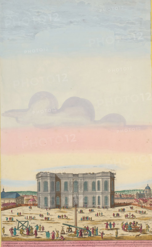 View of the Observatoire in Paris, L'Observatoire, print, album page, View of the observatory (Observatoire), center for astronomy, in Paris. On the square in front of the building, scholars are engaged in scientific experiments. Print is part of an album., printmaker: Aldert Meyer, Northern Netherlands, after print by Nicolas Perelle, Paris, publisher: Carel Allard, Amsterdam, grantor of privilege: States of Holland and West Friesland, colorer (graphic design artist): Anna Beeck, The Hague, 1685 - 1695, Aldert Meyer, Nicolas Perelle, Carel Allard, States of Holland and West Friesland, Anna Beeck, printmaker, after print by, publisher, grantor of privilege, colorer (graphic design artist), paper, etching, engraving, hand coloring, tears, torn etching and engraving hand-colored in pink, green, blue, and yellow, pasted onto album page, a yellow frame with a red border around the image, height 438 mm x width 267 mm, height 535 mm x width 319 mm, The print is torn along the top edge of the...