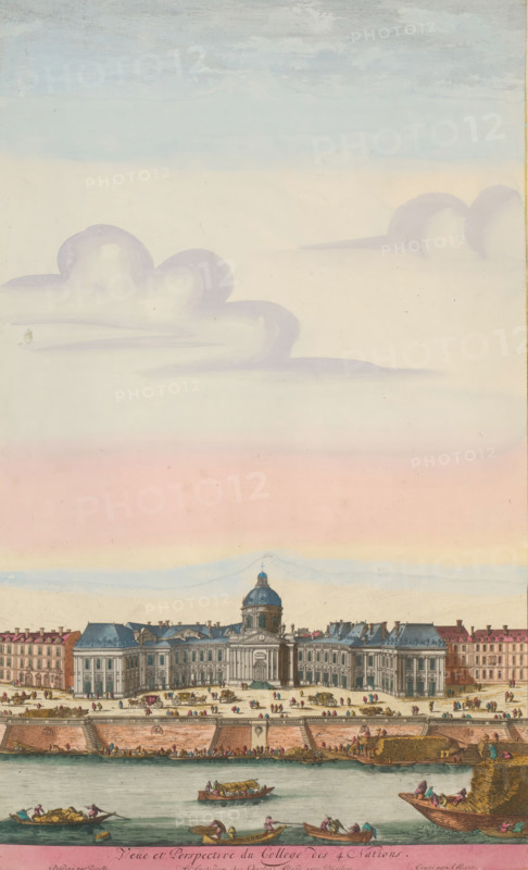 View and Perspective of the Collège des 4 Nations, View of the Collège des Quatre-Nations in Paris, print, album page, View of the Collège des Quatre-Nations in Paris. In the foreground various ships on the river Seine. Print is part of an album., printmaker: Aldert Meyer, Northern Netherlands, after design by Nicolas Perelle, Paris, publisher: Carel Allard, Amsterdam, grantor of privilege: States of Holland and West Friesland, colorer (graphic design artist): Anna Beeck, The Hague, 1685 - 1695, colorer (graphic design artist), paper, etching, hand coloring, tearing, torn etching hand-colored in pink, green, blue, and yellow, pasted onto album page, a yellow frame with a red border around the image, height 437 mm x width 268 mm, height 535 mm x width 319 mm, The print is torn along the top edge of the image. The top part has been pasted higher, so that the sky has become higher and the size of the image matches the other large-format images in the album., palace, Collège des Quatre-Nat...